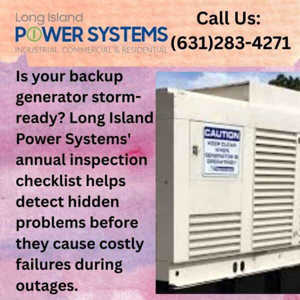 Kohler stationary generator shown outdoors against a blue sky. Checklist for storm preparation: inspection, fuel/oil checks, battery testing, ATS testing. Long Island Power Systems. 