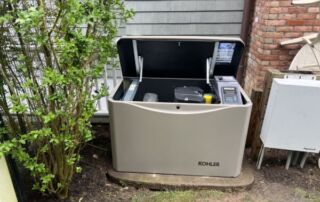 Is Your Backup Power Generator Storm-Ready? Use This Detailed Inspection Checklist to Stay Prepared | 8 | Long Island Power Systems Installed residential Kohler standby generator outdoors with the top panel open, revealing internal components and control screen.