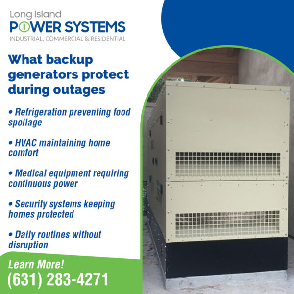 Large beige industrial generator unit. List details what backup generators protect: refrigeration, HVAC, medical equipment, and security systems.