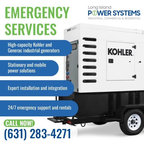 Mobile Kohler industrial generator providing emergency power services from Long Island Power Systems.