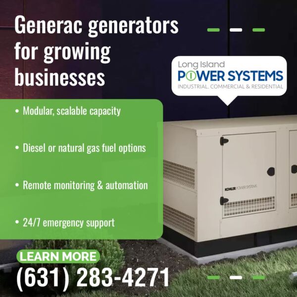 A Kohler industrial backup generator unit outdoors. The image promotes Generac generators for businesses, listing key features.
