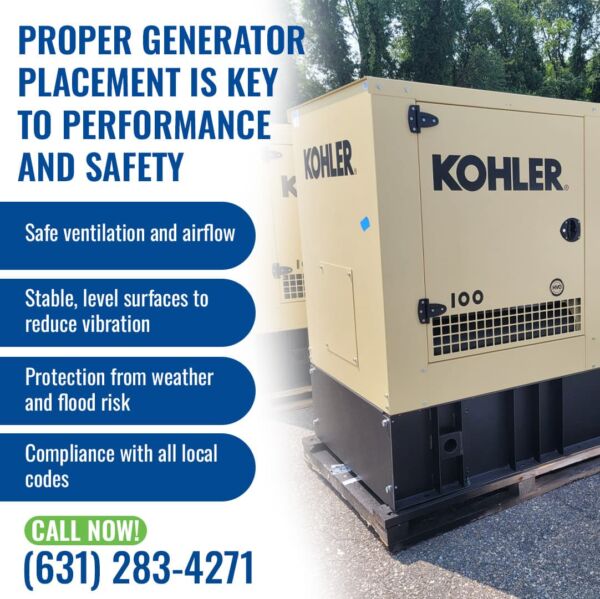 Kohler standby generator installed on a stable, level base demonstrating proper generator placement for ventilation, safety, and code compliance.