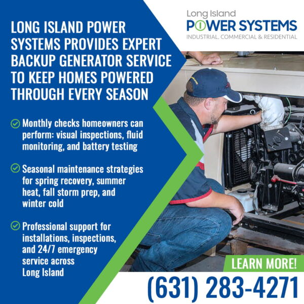 Technician servicing a residential backup generator system in Long Island