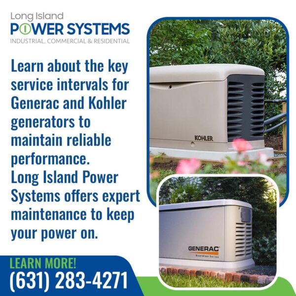 Residential standby generators from Kohler and Generac installed outdoors