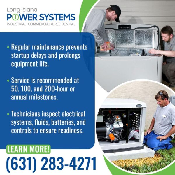 Technicians performing maintenance on a residential standby generator