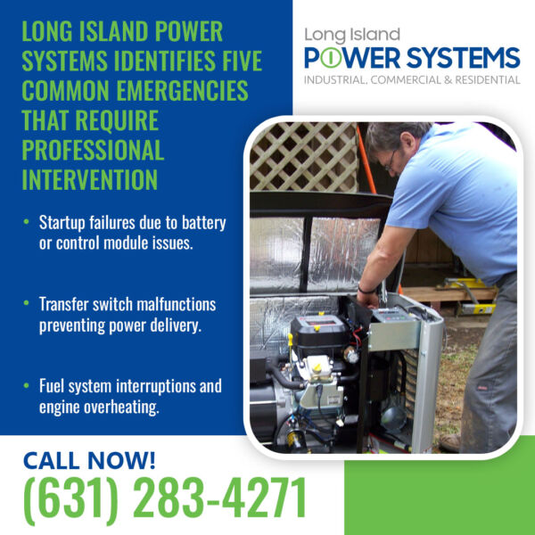 Technician repairing an open standby generator while a graphic lists common generator emergencies like startup failures, transfer switch issues, and fuel system problems, with Long Island Power Systems branding and contact number.
