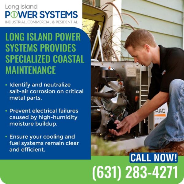 Technician performing maintenance on an outdoor standby generator system