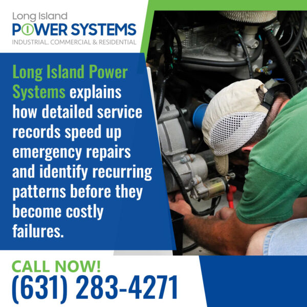 Technician repairing a generator while highlighting the importance of detailed service records for faster emergency repairs.