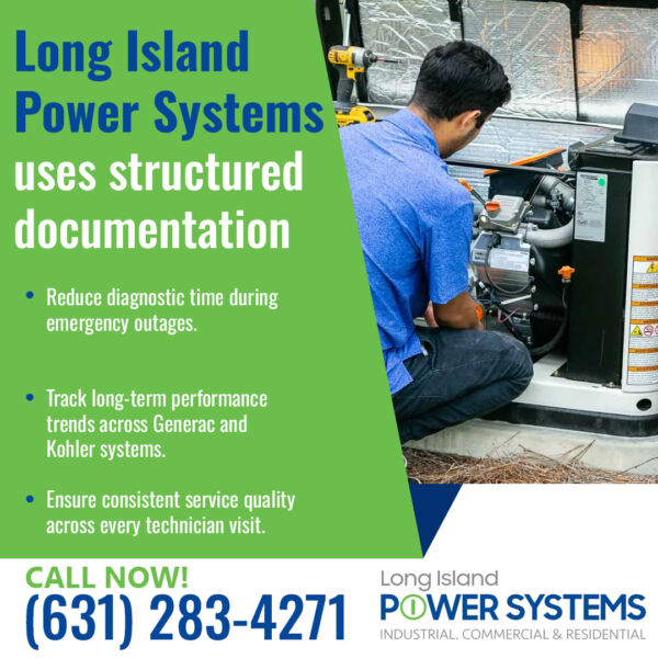 Technician servicing a standby generator, illustrating structured documentation for efficient diagnostics and maintenance.