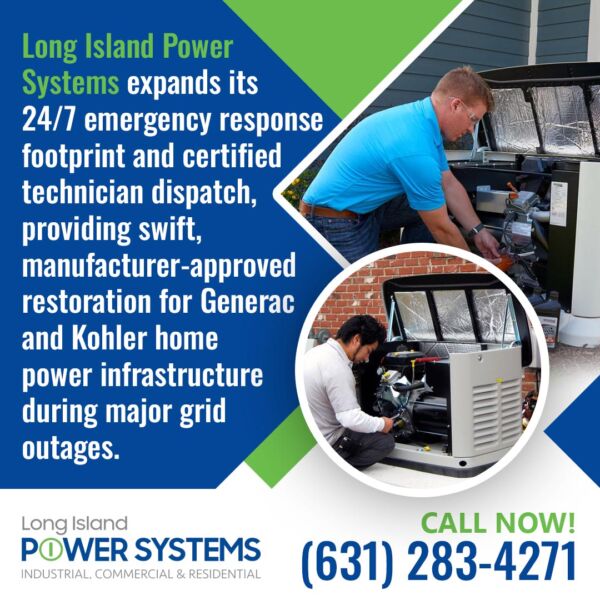 Technicians servicing residential standby generators during emergency repair and maintenance.