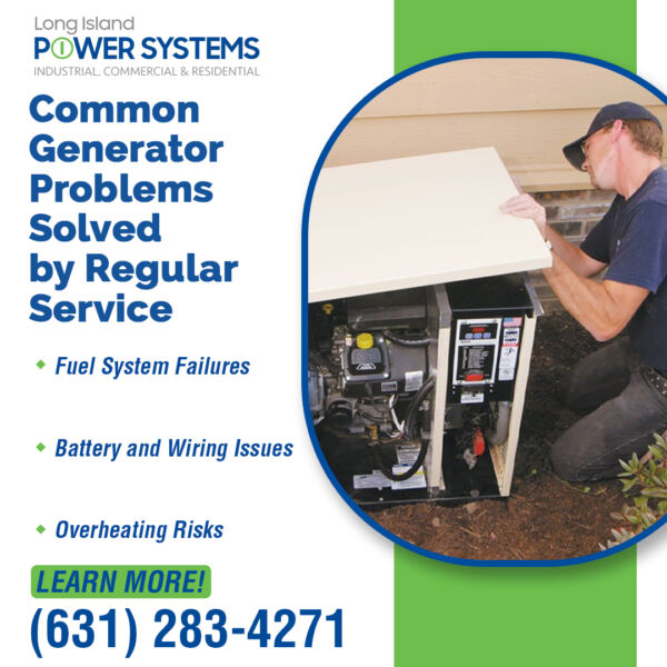 Technician servicing a standby generator to prevent fuel system failures, battery issues, and overheating problems.