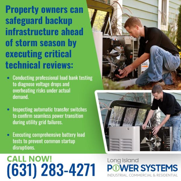The Real Reason Your Standby Generator Won't Start During a Storm | 4 | Long Island Power Systems Technician inspecting and testing a residential standby generator during preventive maintenance before storm season.