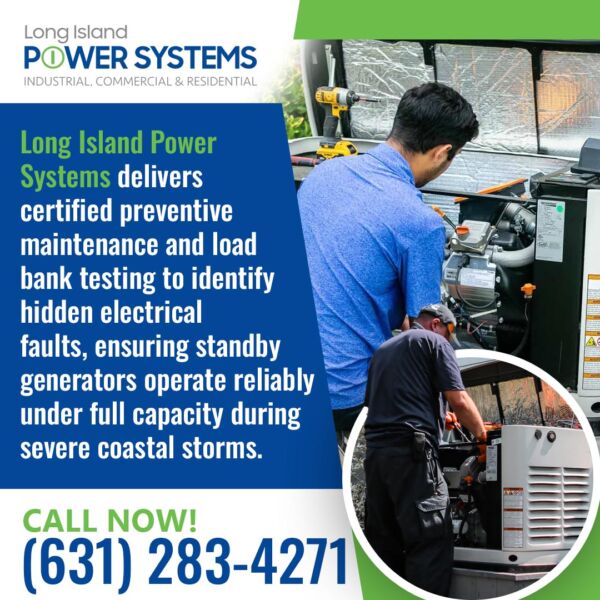 The Real Reason Your Standby Generator Won't Start During a Storm | 3 | Long Island Power Systems Technicians performing preventive maintenance and load bank testing on a standby generator system.