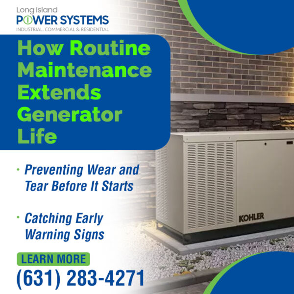 Kohler standby generator outside a building highlighting the benefits of routine maintenance and preventive service.