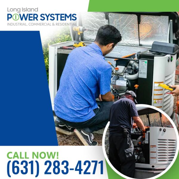Long Island Power Systems technicians performing preventive maintenance and inspection on a residential standby generator.