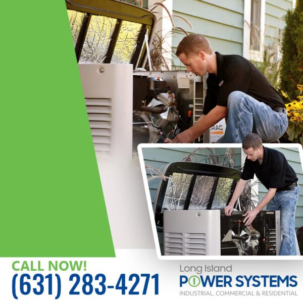 Long Island Power Systems technician inspecting and servicing a residential standby generator during preventive maintenance.