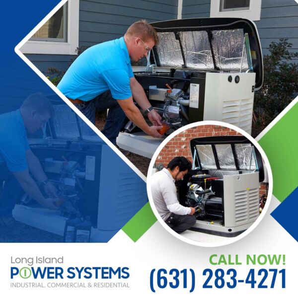 Long Island Power Systems technicians servicing residential standby generators to ensure dependable backup power.