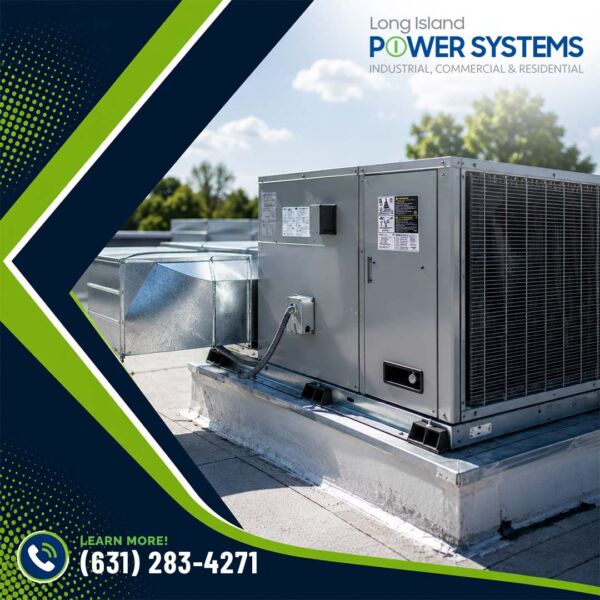 Early Repair vs. Delayed Repair: What a Small Generator Fault Actually Costs You | 4 | Long Island Power Systems A commercial rooftop HVAC unit and ductwork set against a sunny sky, featured with Long Island Power Systems branding and contact details.