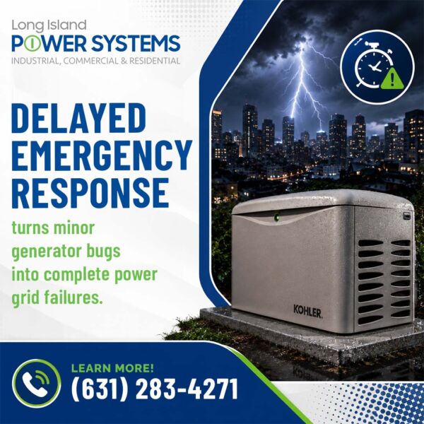 A Kohler standby generator with a city skyline under a lightning storm in the background, featuring a warning about delayed emergency response from Long Island Power Systems.