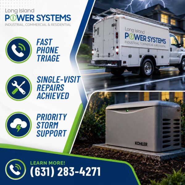 Early Repair vs. Delayed Repair: What a Small Generator Fault Actually Costs You | 3 | Long Island Power Systems A branded Long Island Power Systems service van driving in the rain under a stormy sky, shown above a Kohler standby generator and key service features.