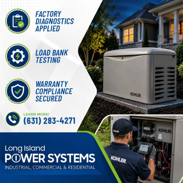 A Kohler home standby generator installed outside a residential home alongside an inset of a technician performing diagnostics on a unit for Long Island Power Systems.