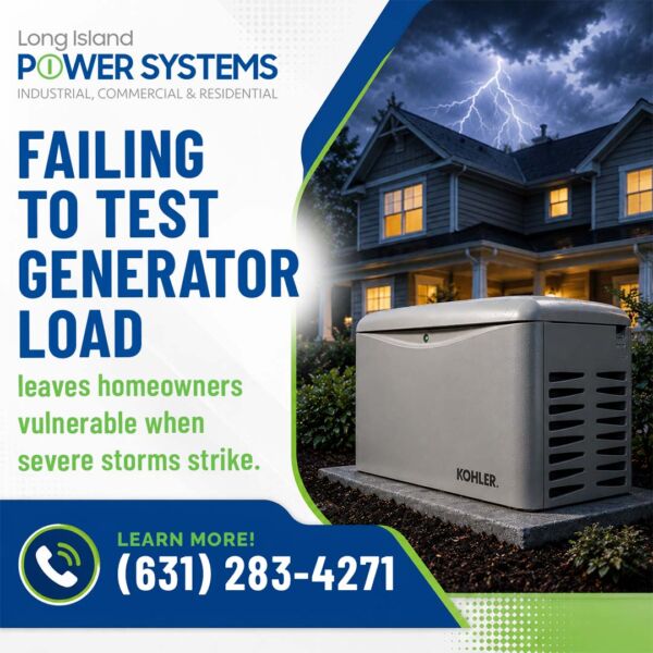 A Kohler standby generator installed outside a house during a lightning storm, featured alongside a warning about generator load testing from Long Island Power Systems.