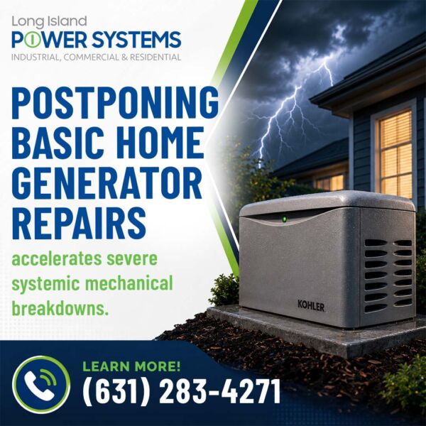 A Kohler standby generator installed outside a house during a lightning storm, featured alongside a warning about postponing home generator repairs from Long Island Power Systems.