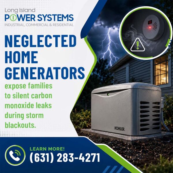 A Kohler standby generator outside a house during a lightning storm, paired with a circular inset of a smoking carbon monoxide detector and a warning about generator safety from Long Island Power Systems.