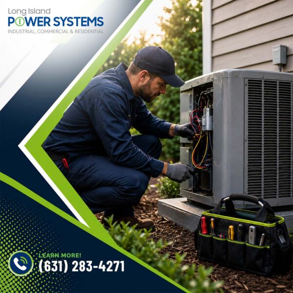 A technician in blue workwear inspecting wiring on an outdoor standby generator next to a tool bag for Long Island Power Systems.